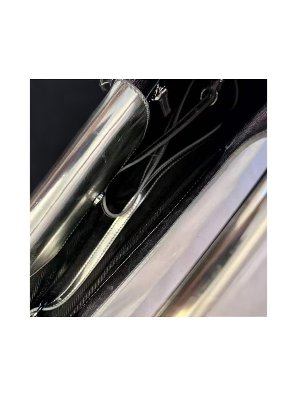 Prada Runway Metallic Silver Leather Shoulder Bag with Sculptural Metal Bar Handle – Futuristic Archive Piece