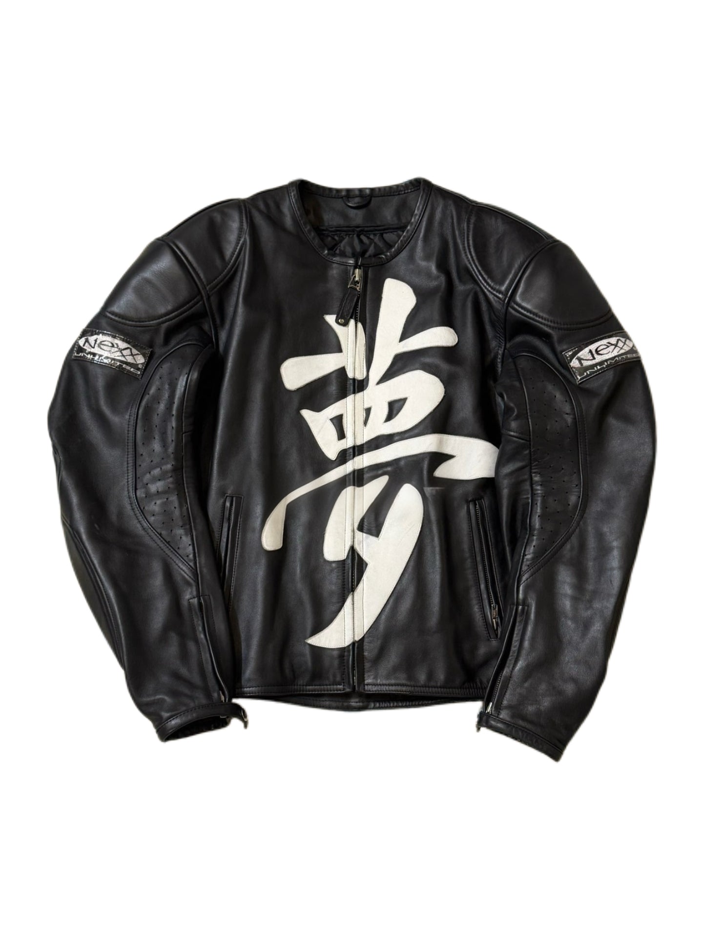 Nexx Unlimited Vintage Leather Biker Jacket Kanji Print 90s Hip Hop Archive Rare