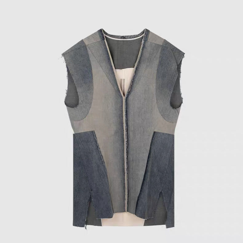 Rick Owens DRKSHDW Denim Panel V-Neck Sleeveless Top – SS Hustler Cotton Vest Raw Edge Layering Piece