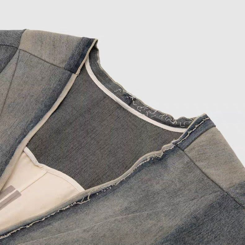 Rick Owens DRKSHDW Denim Panel V-Neck Sleeveless Top – SS Hustler Cotton Vest Raw Edge Layering Piece