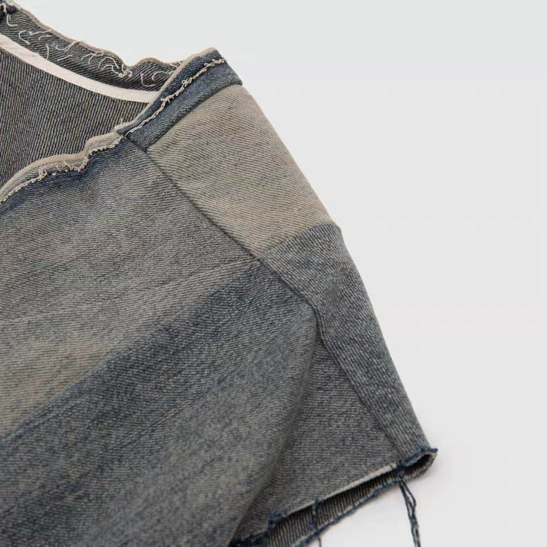 Rick Owens DRKSHDW Denim Panel V-Neck Sleeveless Top – SS Hustler Cotton Vest Raw Edge Layering Piece