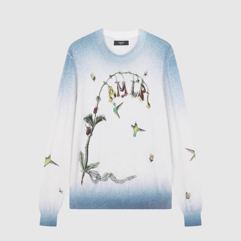 AMIRI Hummingbird Embroidered Gradient Knit Sweater – Cashmere Blend Crewneck Logo Knit SS Lightweight Luxury