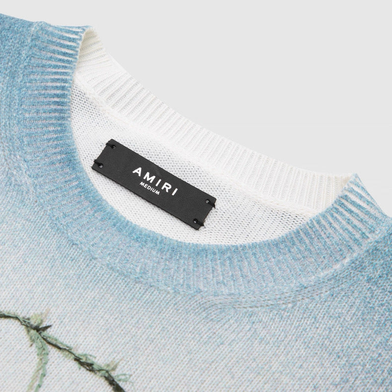 AMIRI Hummingbird Embroidered Gradient Knit Sweater – Cashmere Blend Crewneck Logo Knit SS Lightweight Luxury