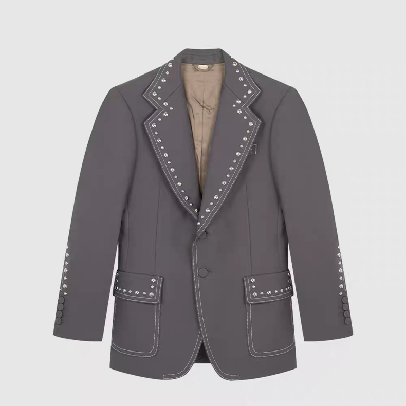 Gucci Studded Tailored Blazer Grey – Metal Stud Embellished Runway Jacket Structured Formal Statement Piece