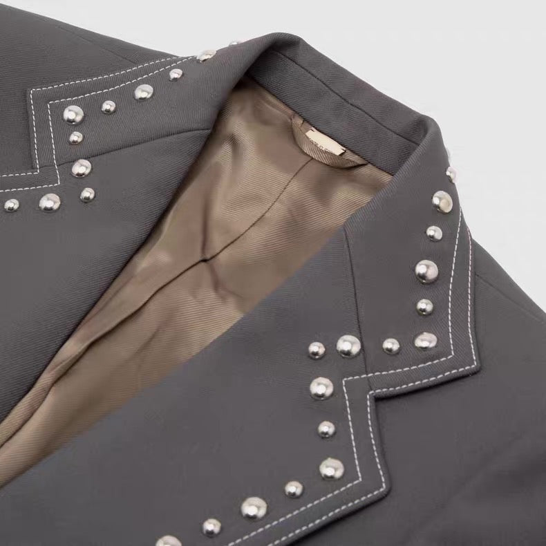 Gucci Studded Tailored Blazer Grey – Metal Stud Embellished Runway Jacket Structured Formal Statement Piece