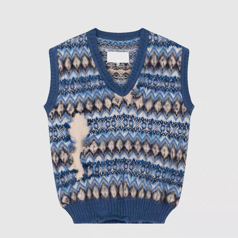 Maison Margiela Distressed Fair Isle Wool Knit Vest – V-Neck Sleeveless Sweater AW Deconstructed Layering Piece