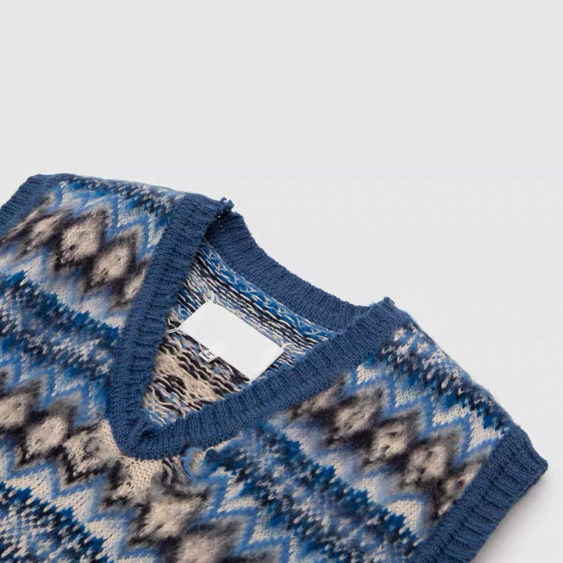 Maison Margiela Distressed Fair Isle Wool Knit Vest – V-Neck Sleeveless Sweater AW Deconstructed Layering Piece