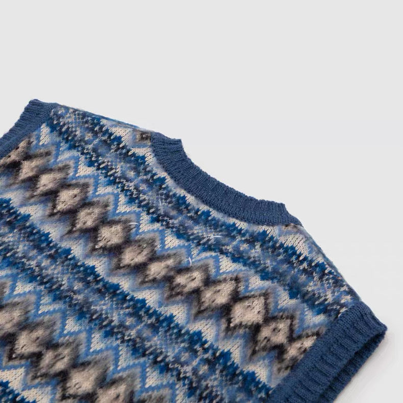 Maison Margiela Distressed Fair Isle Wool Knit Vest – V-Neck Sleeveless Sweater AW Deconstructed Layering Piece