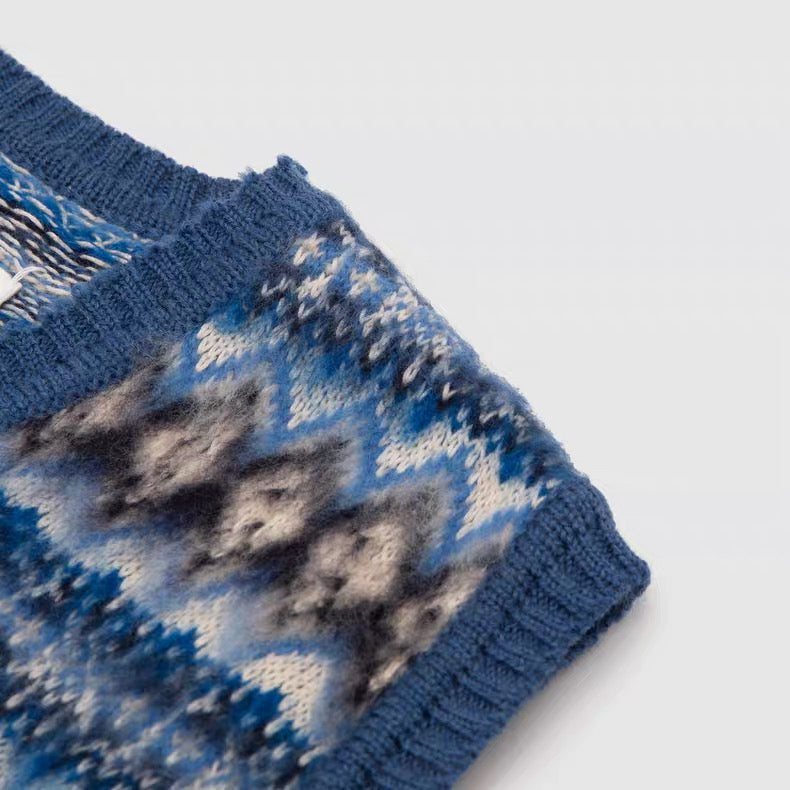 Maison Margiela Distressed Fair Isle Wool Knit Vest – V-Neck Sleeveless Sweater AW Deconstructed Layering Piece