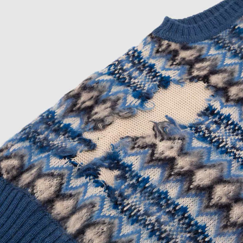 Maison Margiela Distressed Fair Isle Wool Knit Vest – V-Neck Sleeveless Sweater AW Deconstructed Layering Piece