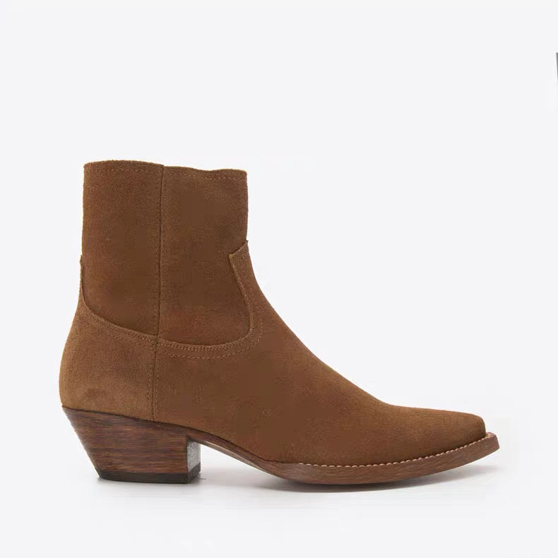 Saint Laurent Suede Zip Ankle Boots – Pointed Toe Cuban Heel Leather Boots FW Western Style
