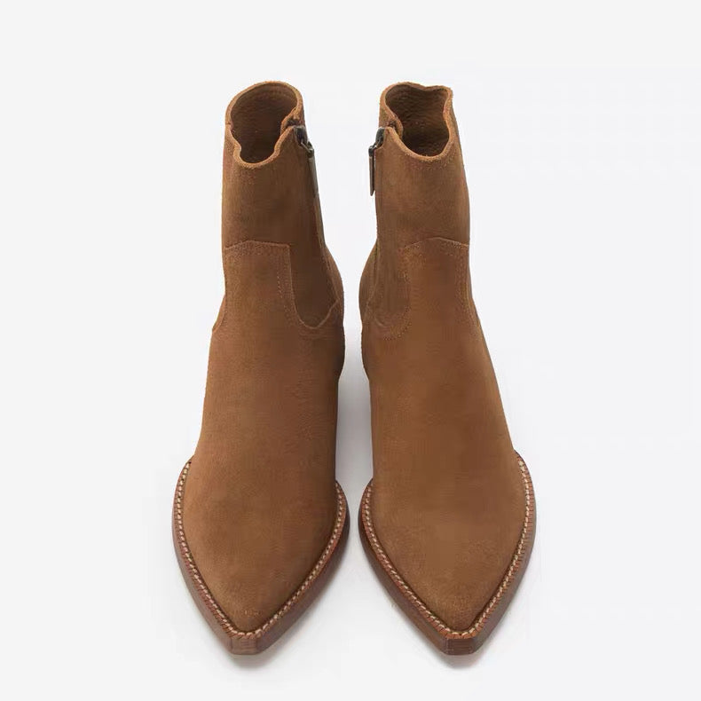 Saint Laurent Suede Zip Ankle Boots – Pointed Toe Cuban Heel Leather Boots FW Western Style