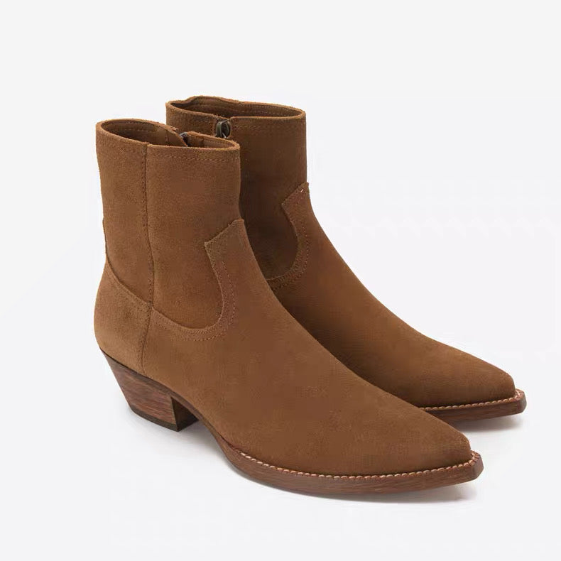 Saint Laurent Suede Zip Ankle Boots – Pointed Toe Cuban Heel Leather Boots FW Western Style