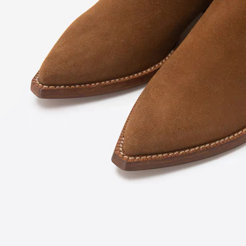 Saint Laurent Suede Zip Ankle Boots – Pointed Toe Cuban Heel Leather Boots FW Western Style