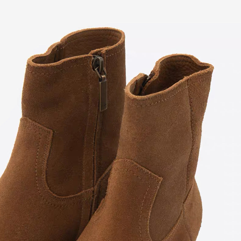 Saint Laurent Suede Zip Ankle Boots – Pointed Toe Cuban Heel Leather Boots FW Western Style