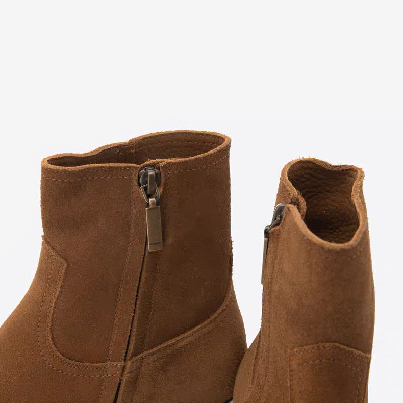 Saint Laurent Suede Zip Ankle Boots – Pointed Toe Cuban Heel Leather Boots FW Western Style