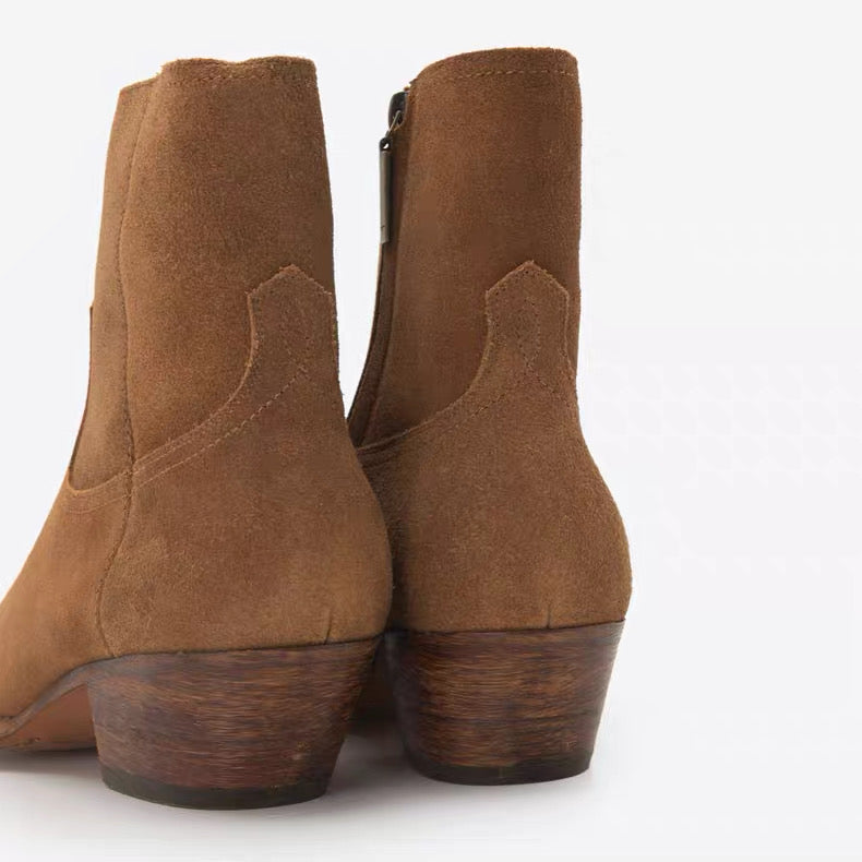 Saint Laurent Suede Zip Ankle Boots – Pointed Toe Cuban Heel Leather Boots FW Western Style
