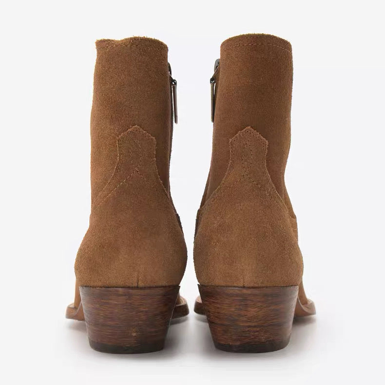 Saint Laurent Suede Zip Ankle Boots – Pointed Toe Cuban Heel Leather Boots FW Western Style