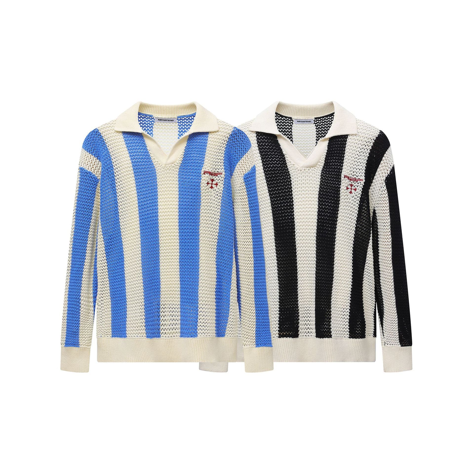 Striped Open-Knit Polo Sweater – Blue / Black