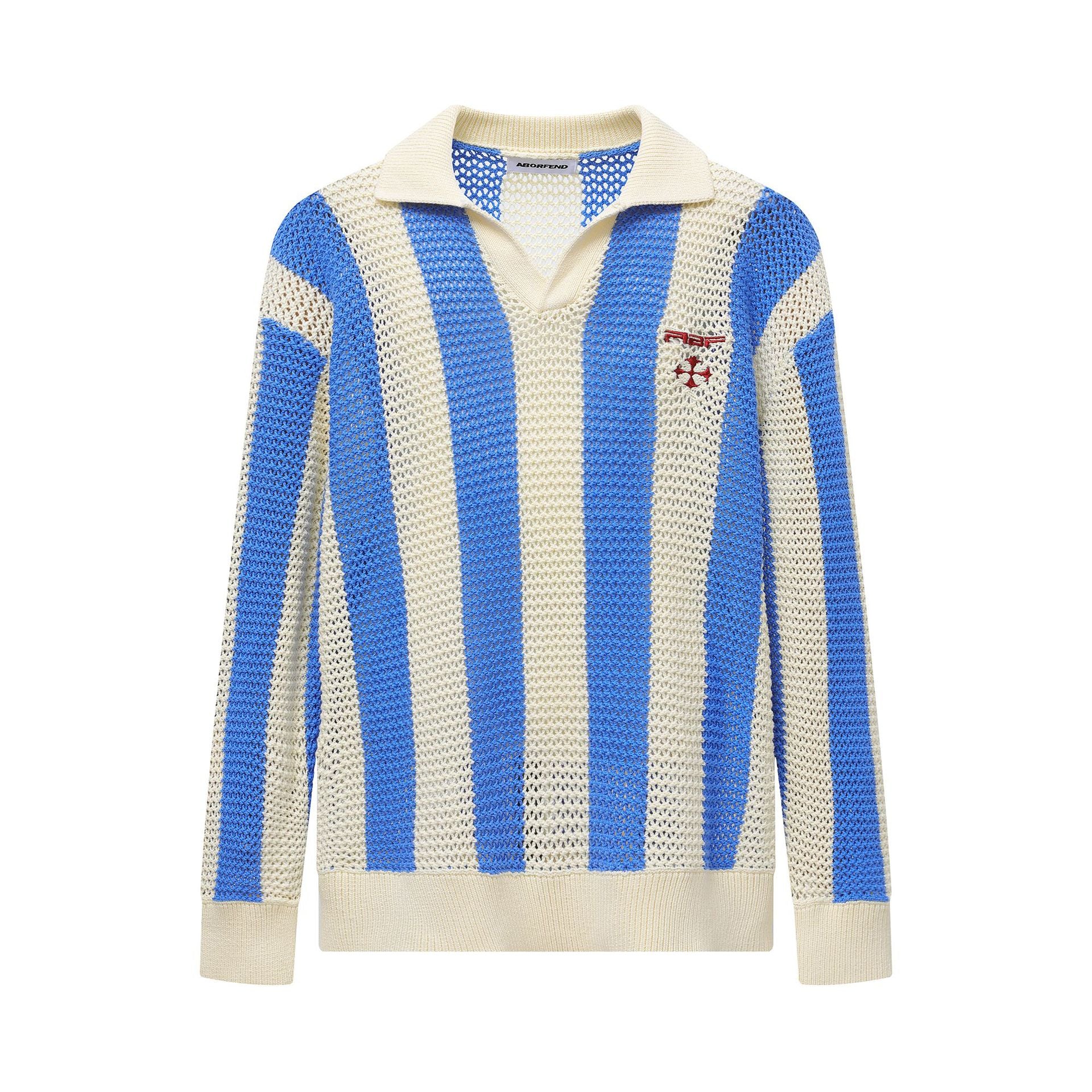 Striped Open-Knit Polo Sweater – Blue / Black