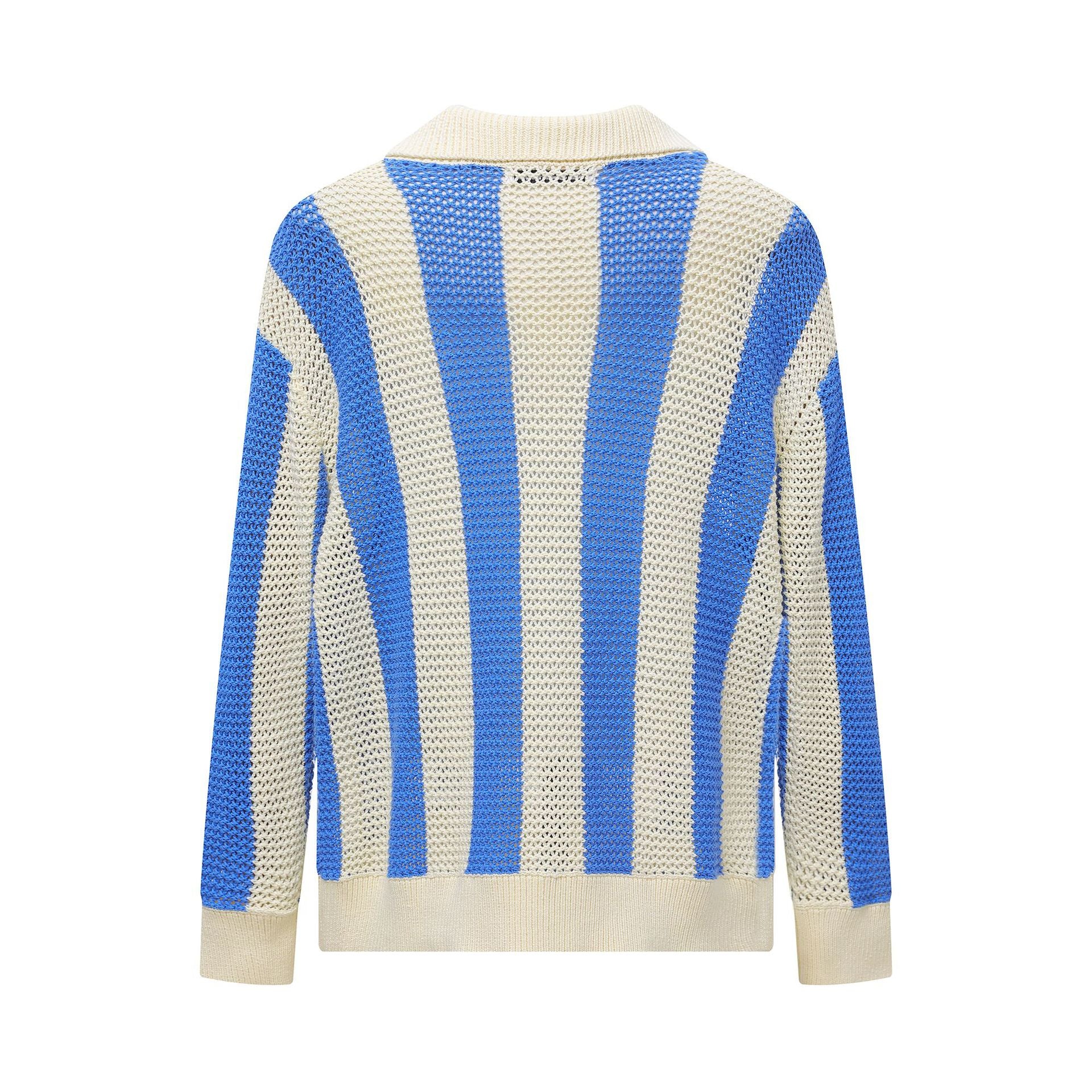 Striped Open-Knit Polo Sweater – Blue / Black