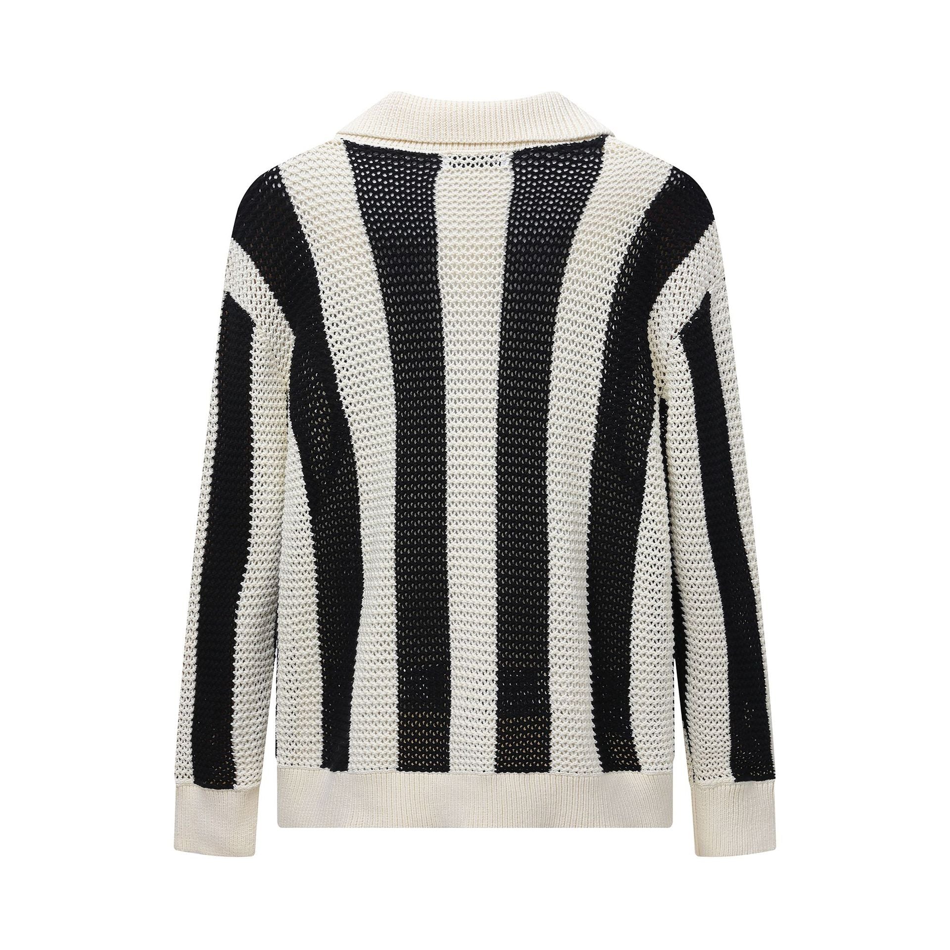 Striped Open-Knit Polo Sweater – Blue / Black