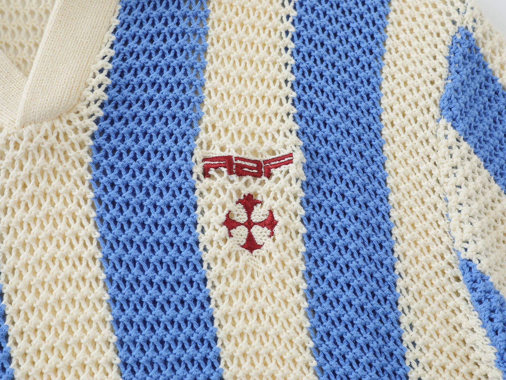 Striped Open-Knit Polo Sweater – Blue / Black