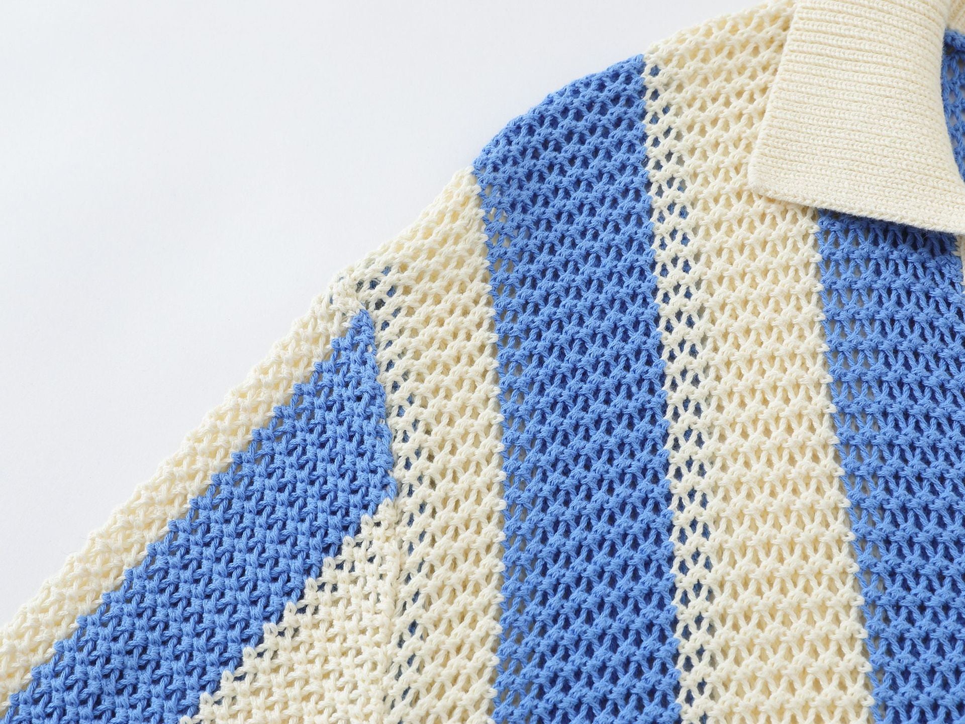 Striped Open-Knit Polo Sweater – Blue / Black