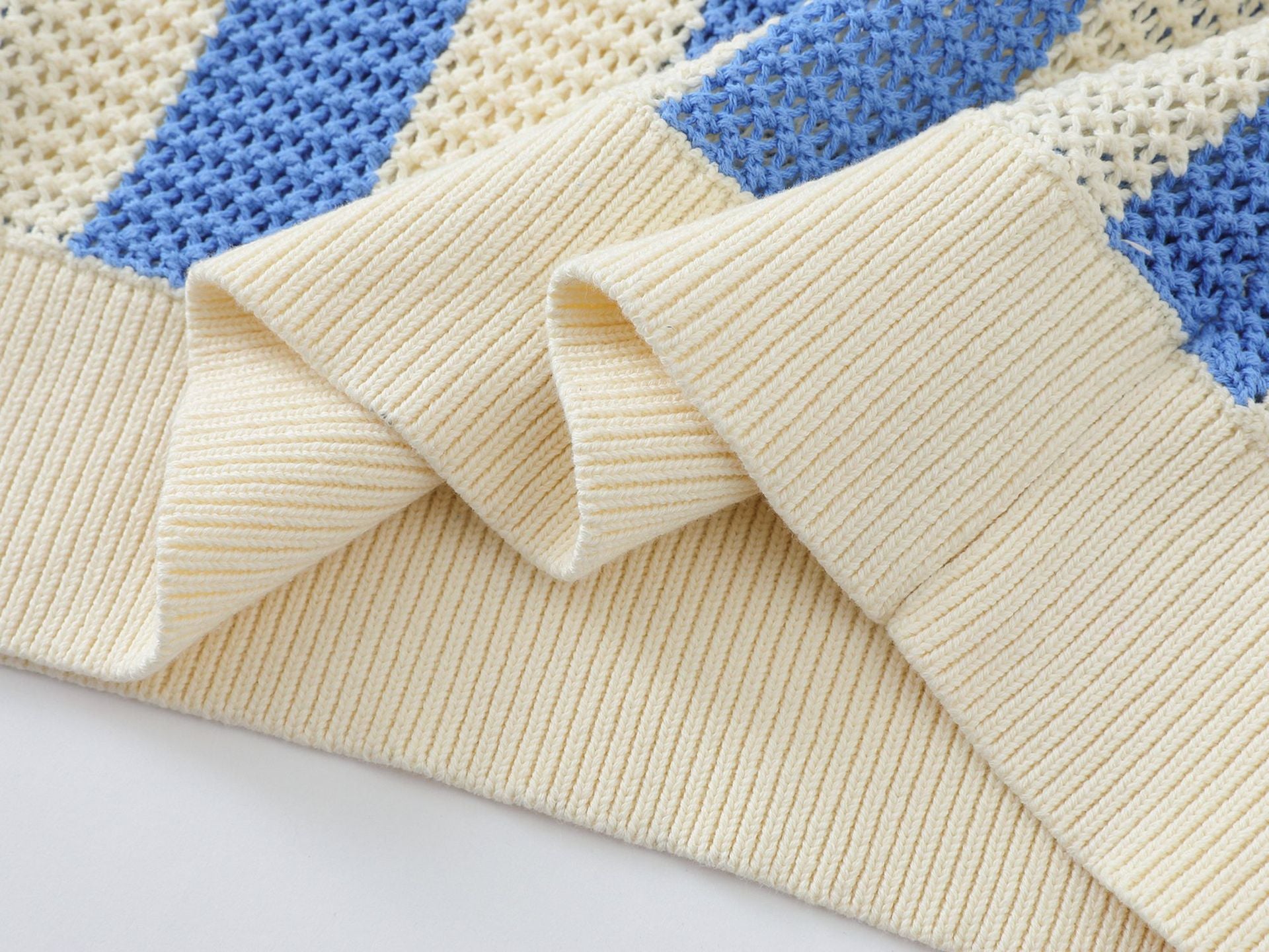 Striped Open-Knit Polo Sweater – Blue / Black
