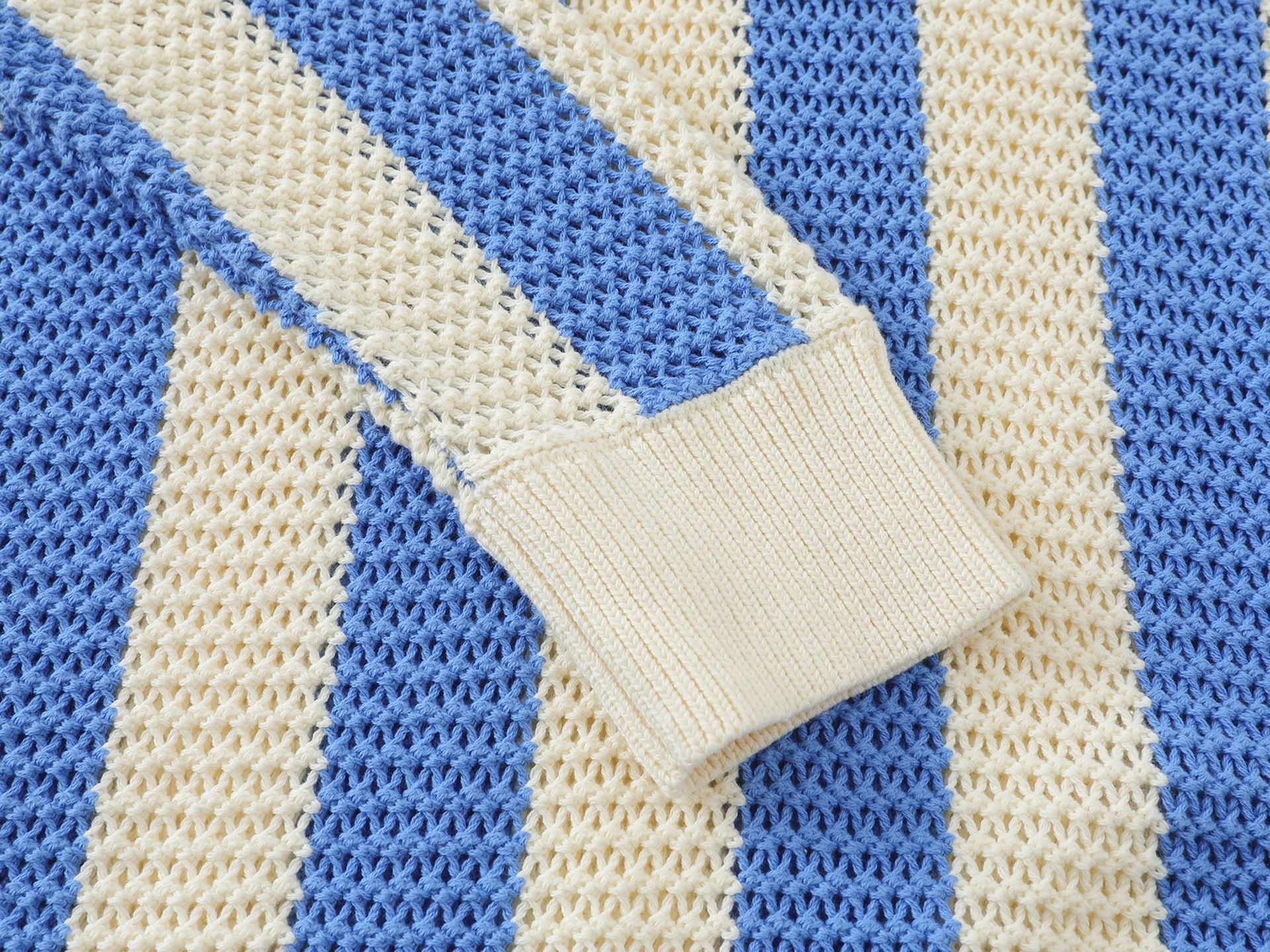 Striped Open-Knit Polo Sweater – Blue / Black