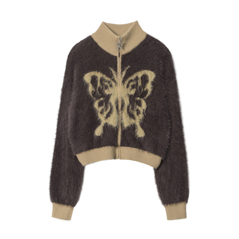 Nariele Butterfly Jacquard Fuzzy Zip Cardigan – Army Green / Mocha Brown