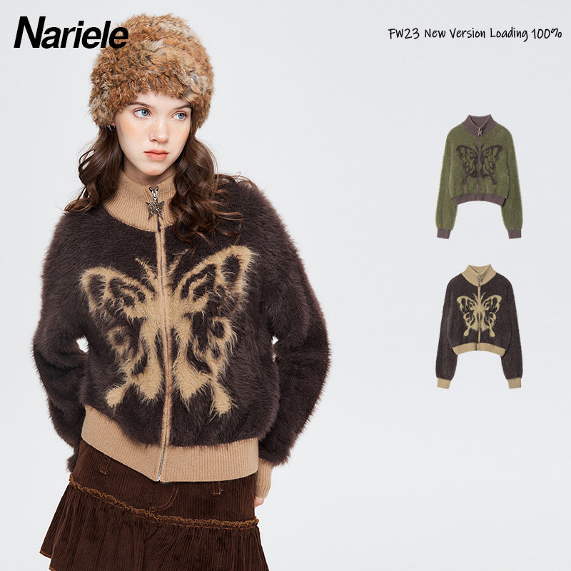 Nariele Butterfly Jacquard Fuzzy Zip Cardigan – Army Green / Mocha Brown