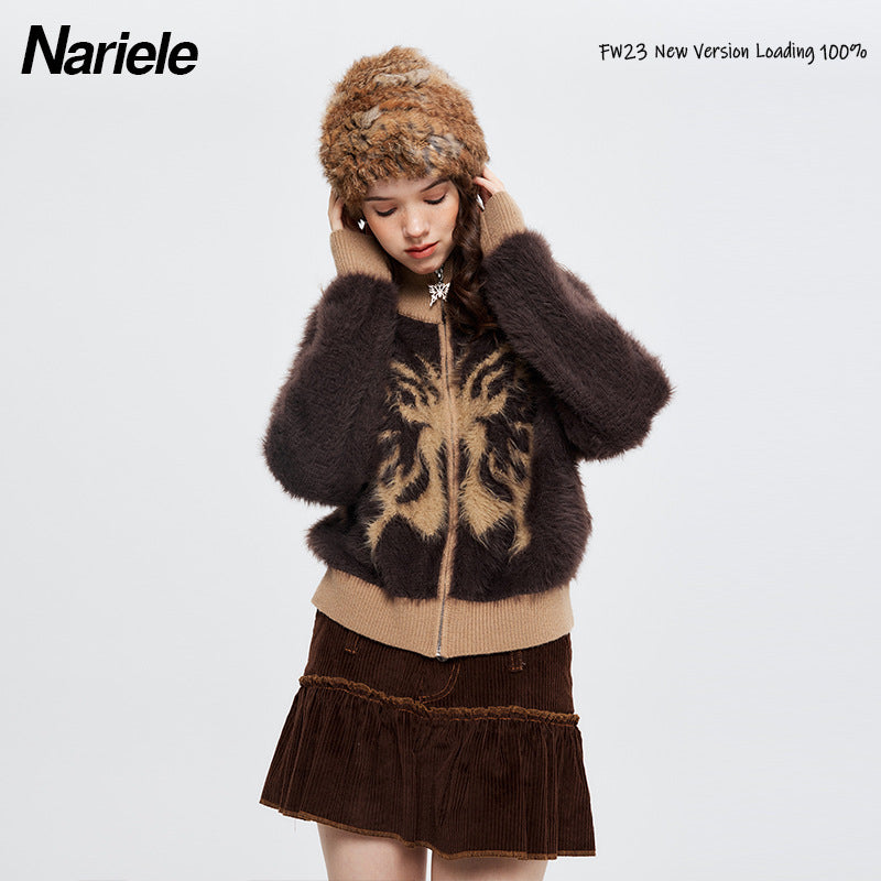 Nariele Butterfly Jacquard Fuzzy Zip Cardigan – Army Green / Mocha Brown