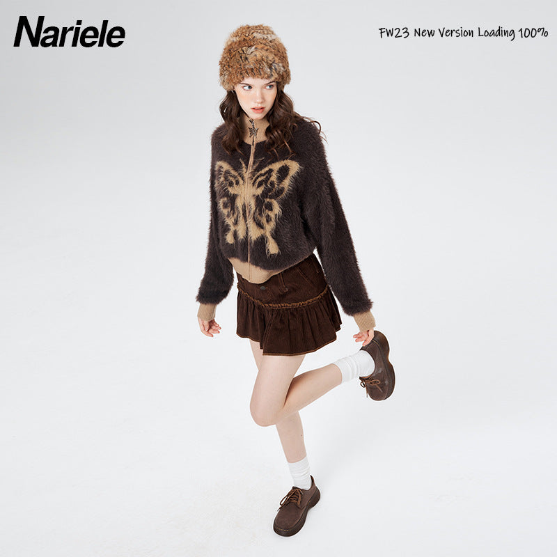 Nariele Butterfly Jacquard Fuzzy Zip Cardigan – Army Green / Mocha Brown