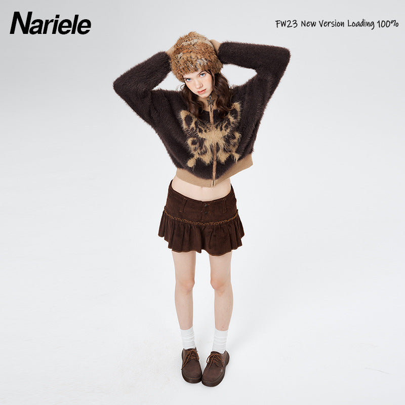 Nariele Butterfly Jacquard Fuzzy Zip Cardigan – Army Green / Mocha Brown