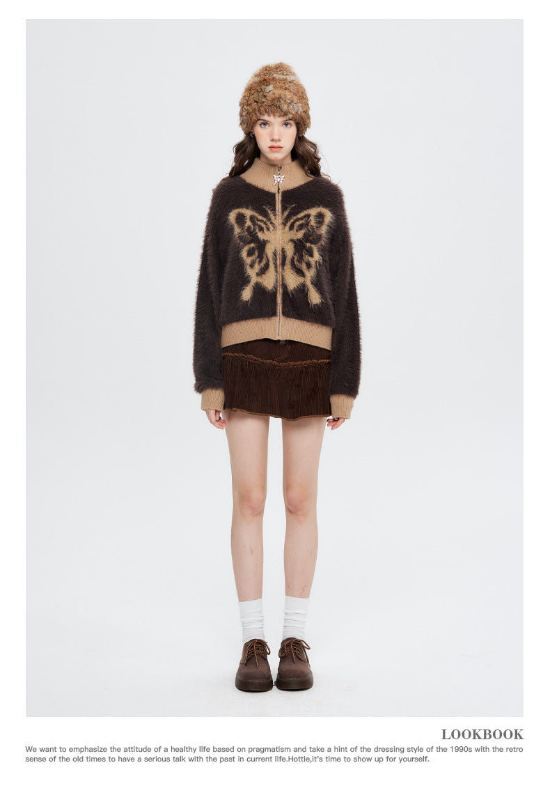 Nariele Butterfly Jacquard Fuzzy Zip Cardigan – Army Green / Mocha Brown
