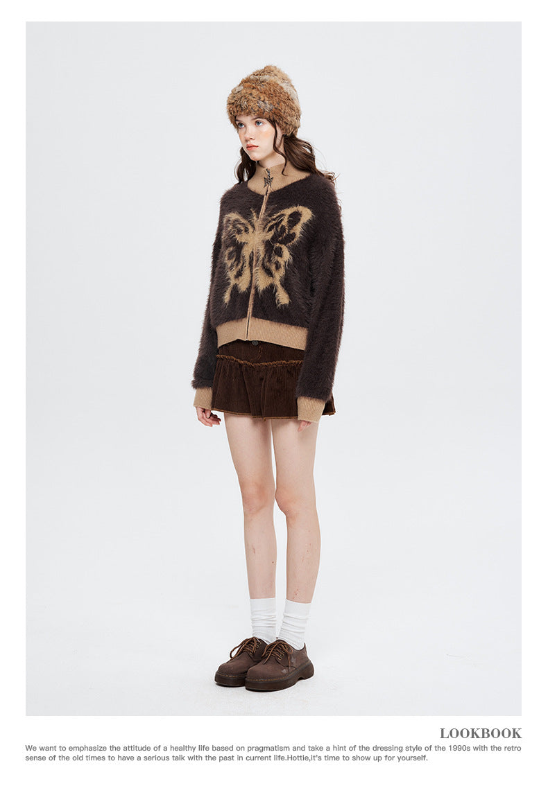 Nariele Butterfly Jacquard Fuzzy Zip Cardigan – Army Green / Mocha Brown