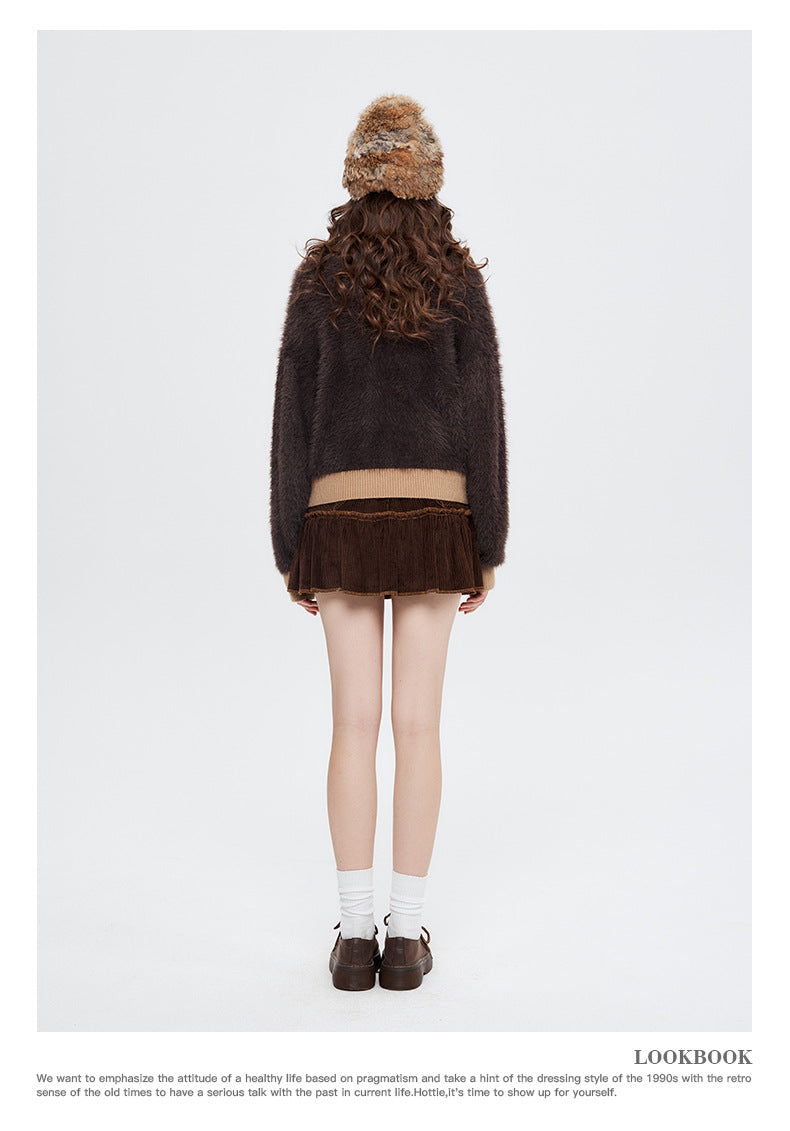 Nariele Butterfly Jacquard Fuzzy Zip Cardigan – Army Green / Mocha Brown