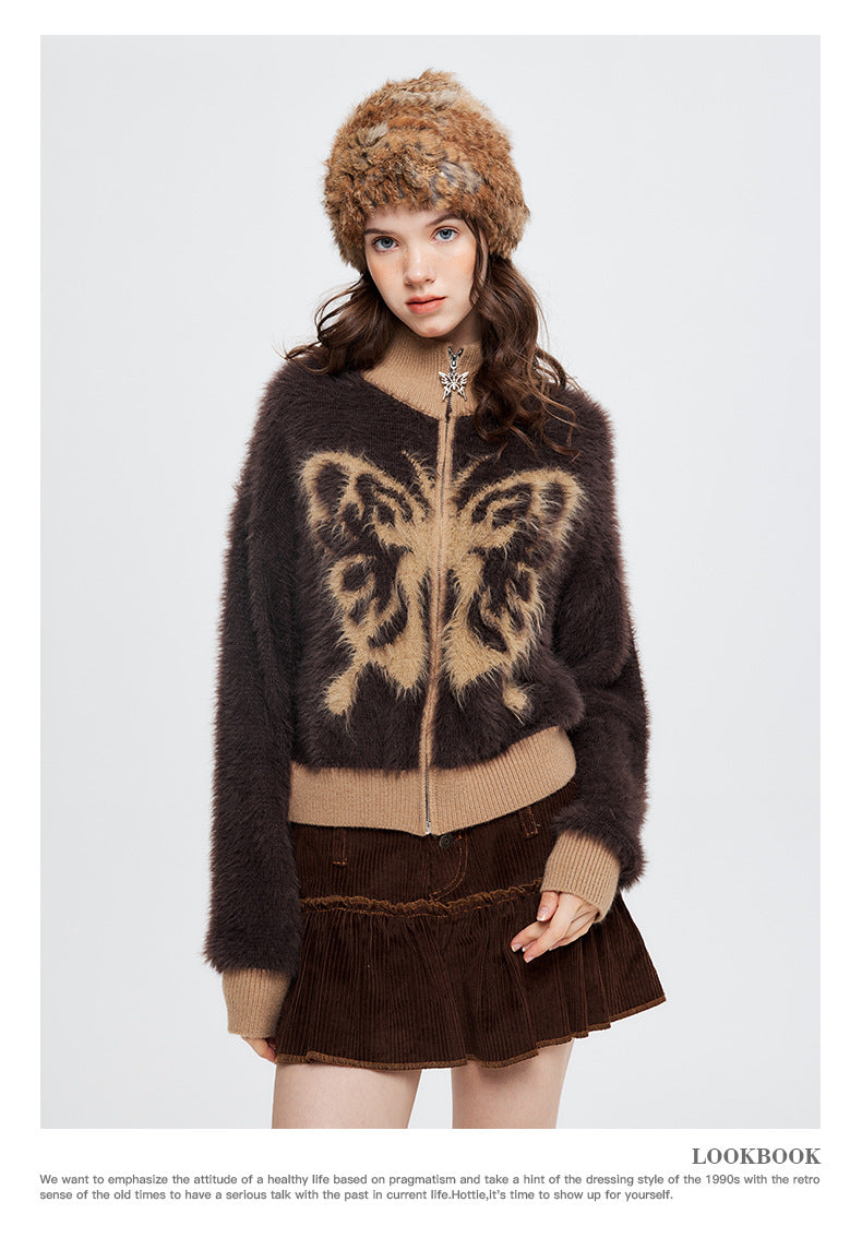 Nariele Butterfly Jacquard Fuzzy Zip Cardigan – Army Green / Mocha Brown