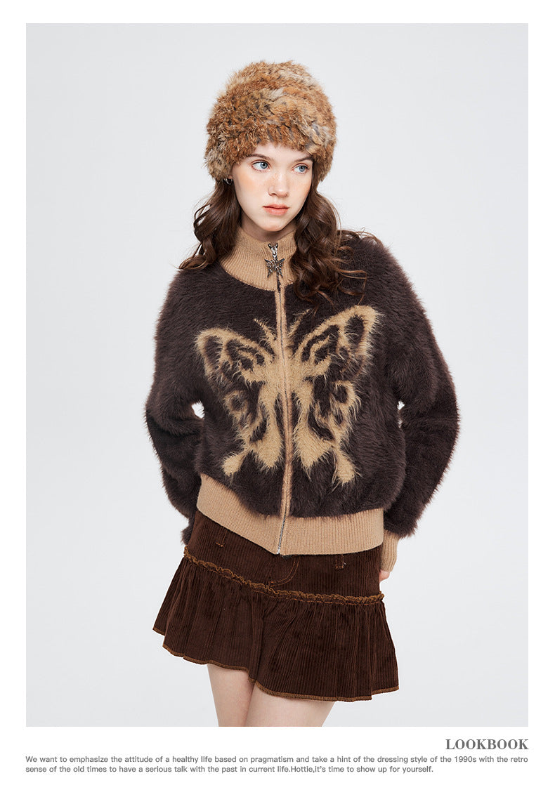 Nariele Butterfly Jacquard Fuzzy Zip Cardigan – Army Green / Mocha Brown