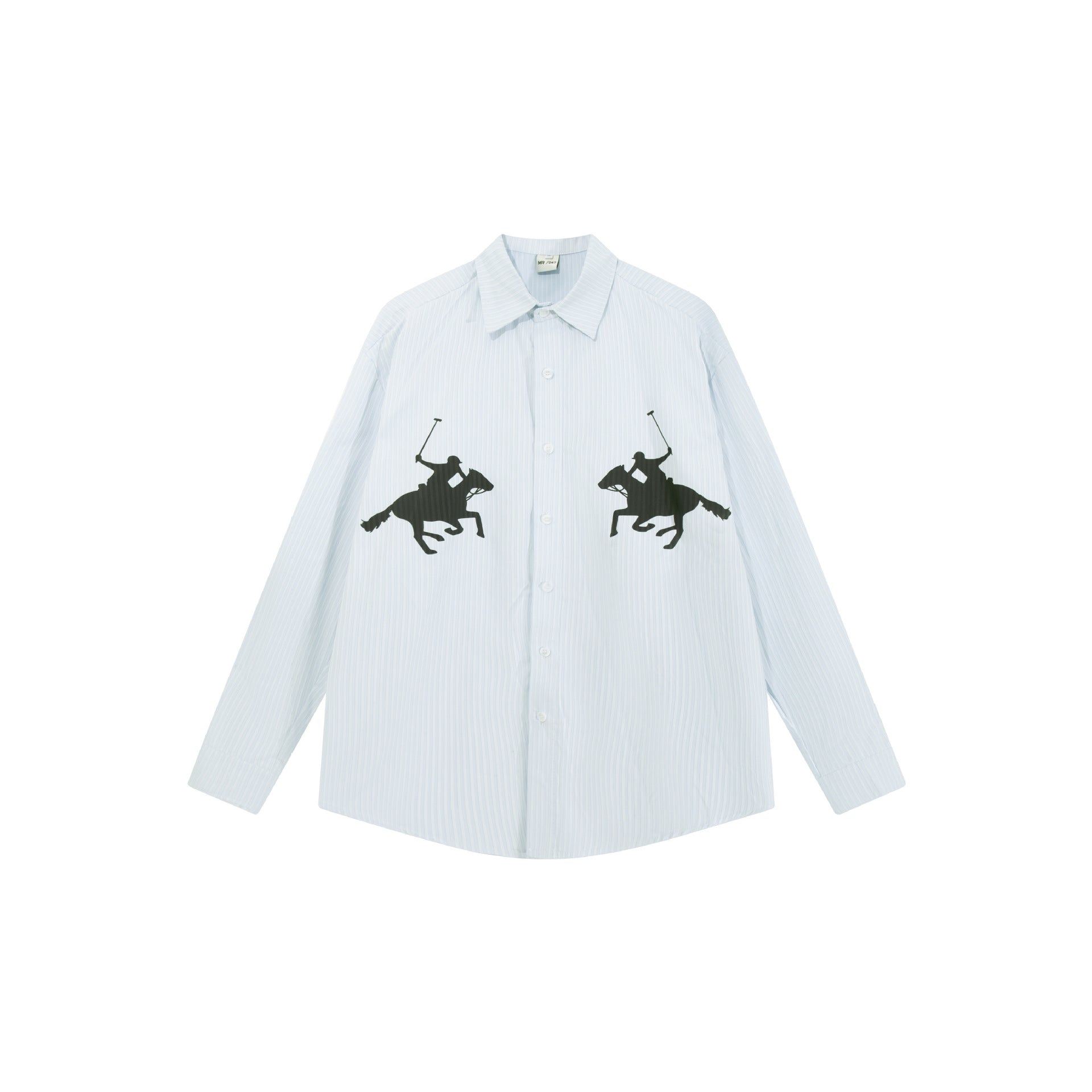MR047 Polo Rider Striped Cotton Shirt – Light Blue / Black Motif