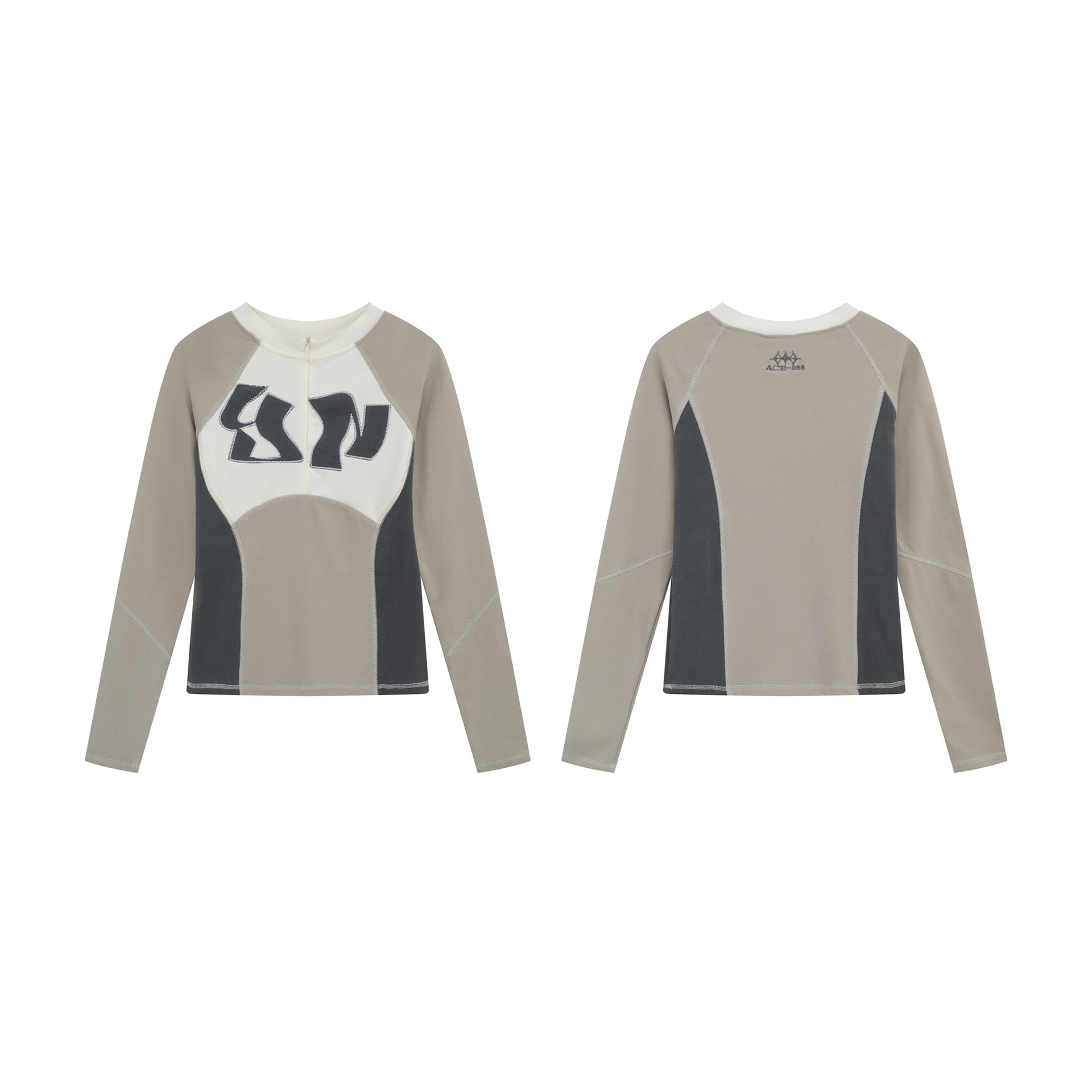 ACEx-888 Contrast Panel Long Sleeve Top – Taupe / Charcoal / Ivory