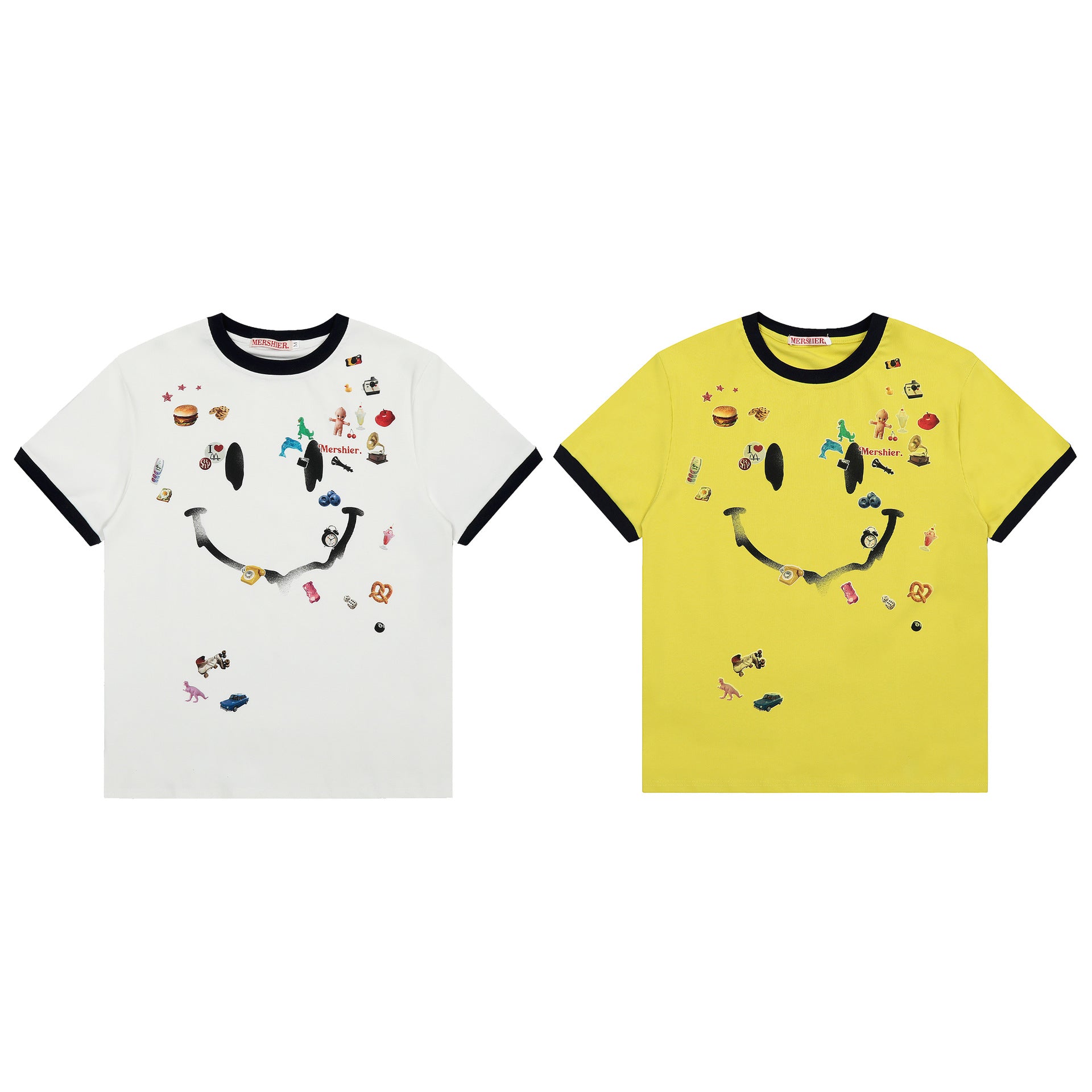 Mershier Smiley Collage Graphic T-Shirt – White / Yellow