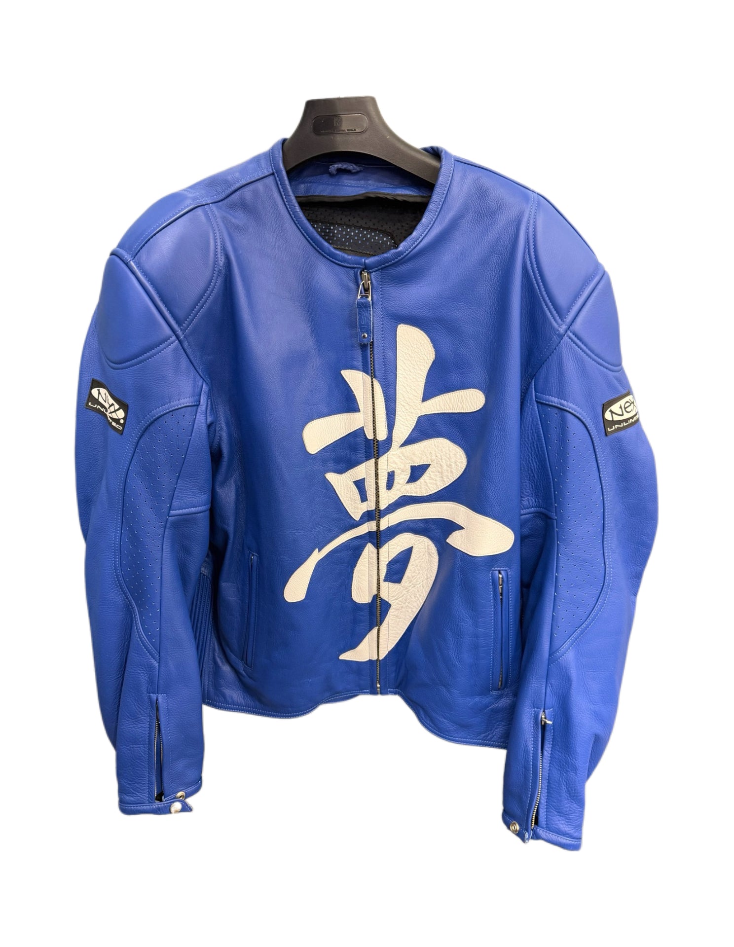 Nexx Custom Blue Leather Biker Jacket – Graphic Kanji Moto Racing Jacket