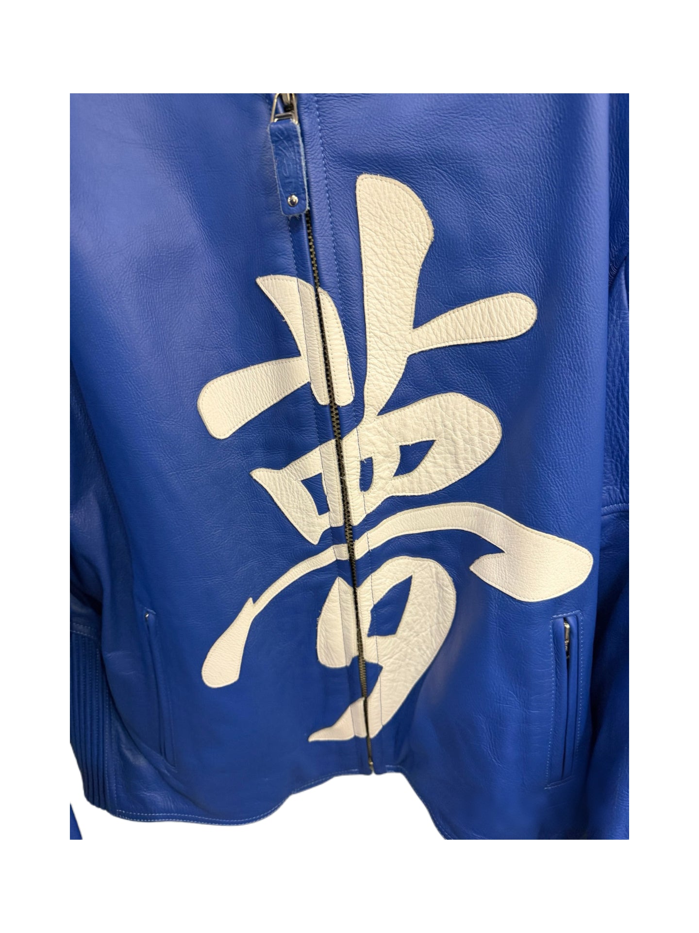 Nexx Custom Blue Leather Biker Jacket – Graphic Kanji Moto Racing Jacket