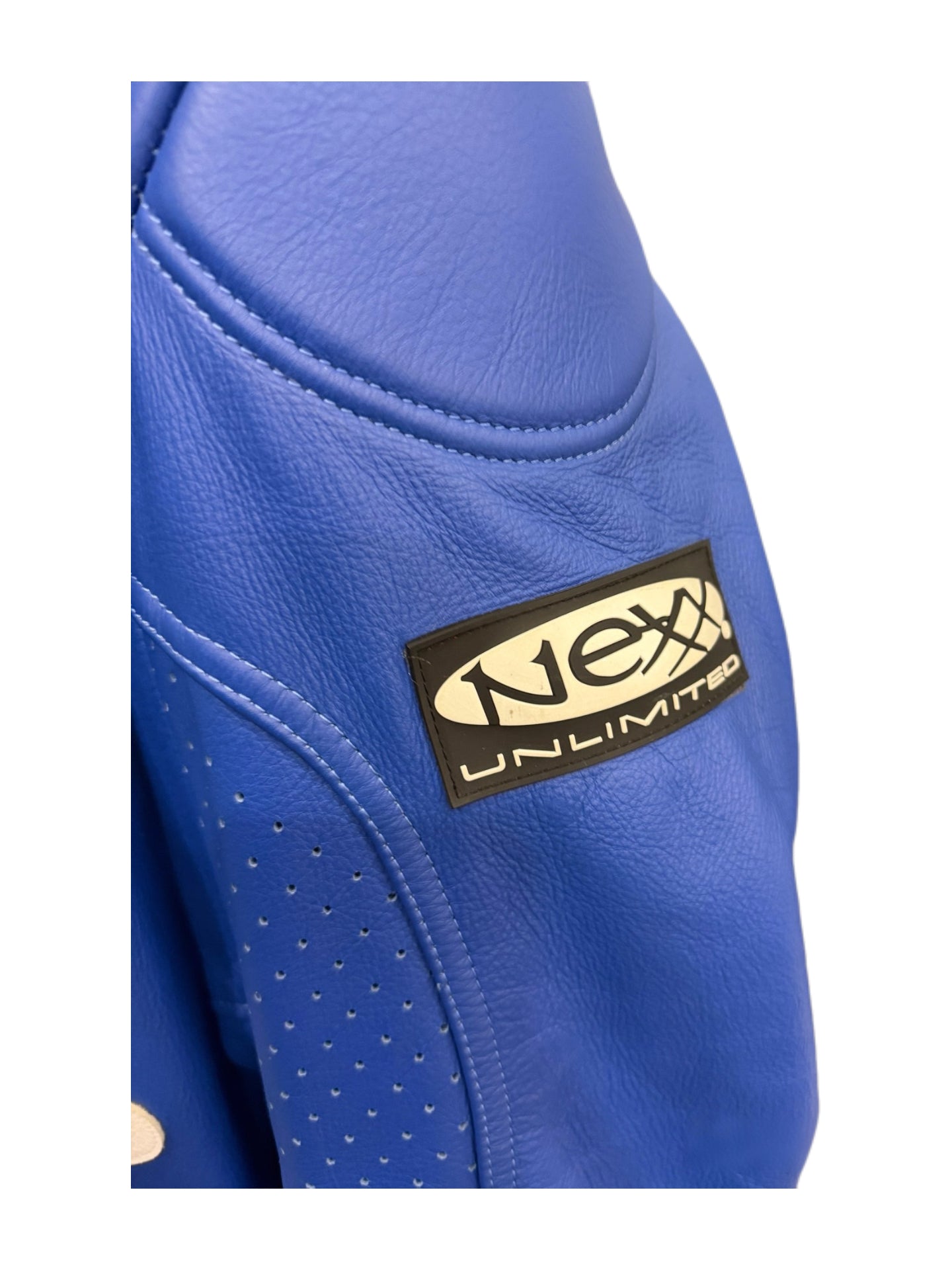 Nexx Custom Blue Leather Biker Jacket – Graphic Kanji Moto Racing Jacket