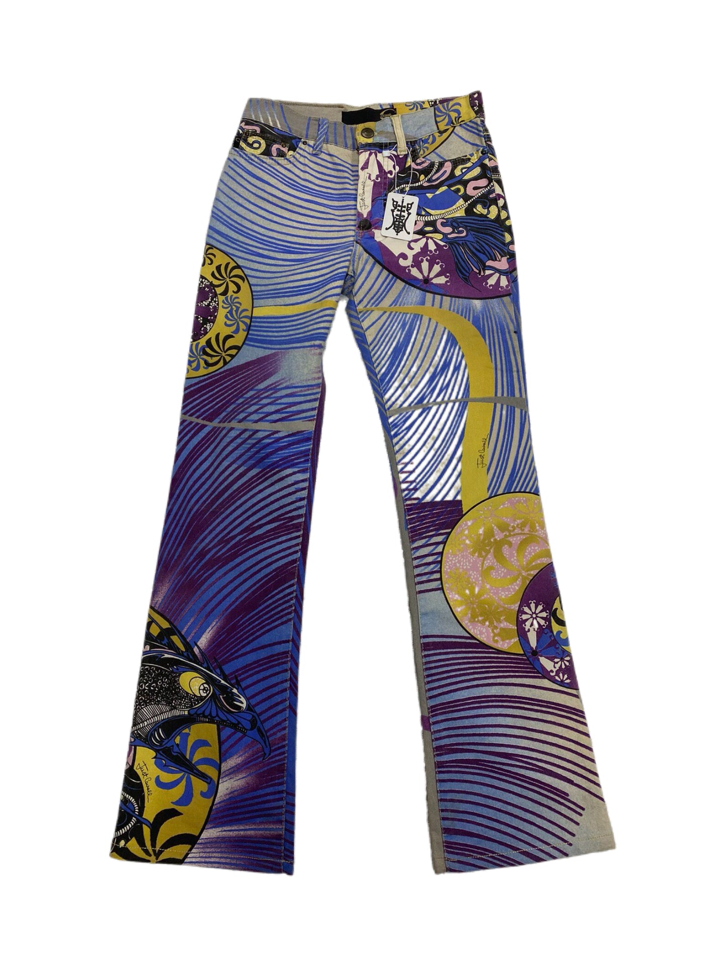 Just Cavalli Abstract Graphic Print Denim Jeans Multi-Color Flared Pants Rare Archive Piece