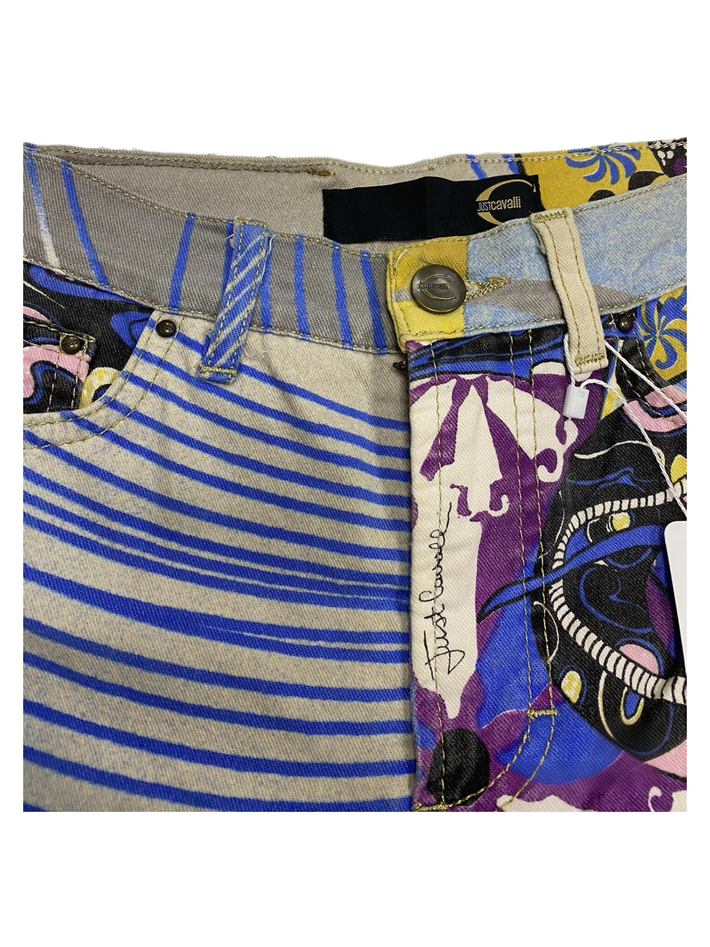 Just Cavalli Abstract Graphic Print Denim Jeans Multi-Color Flared Pants Rare Archive Piece