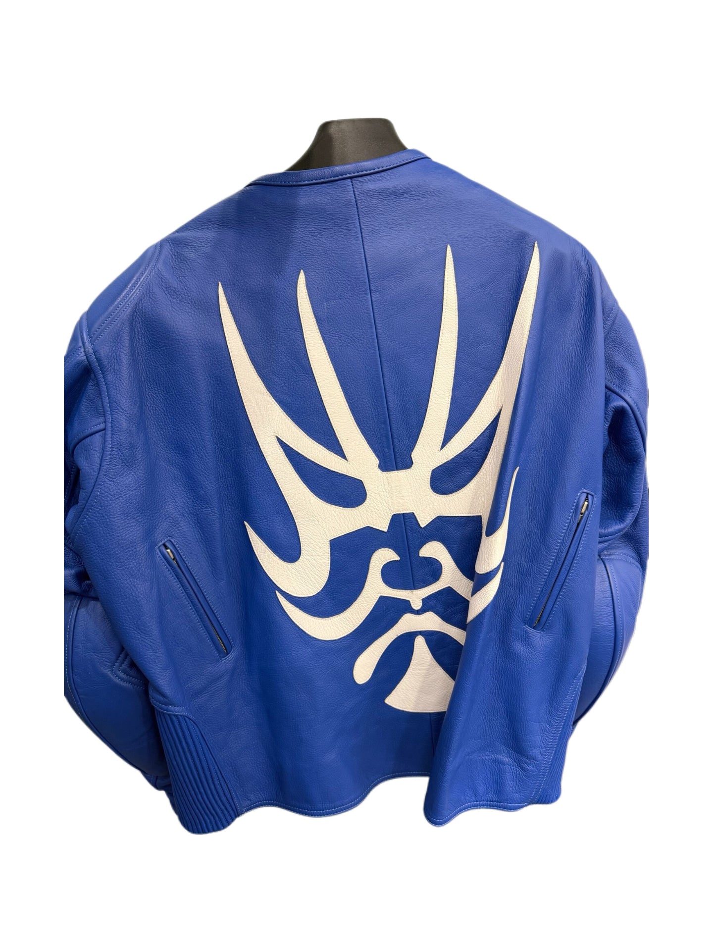 Nexx Custom Blue Leather Biker Jacket – Graphic Kanji Moto Racing Jacket