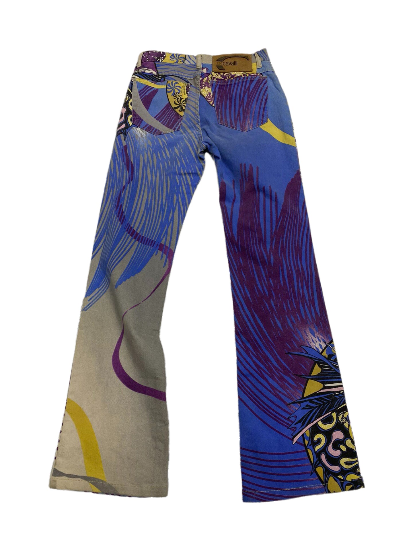 Just Cavalli Abstract Graphic Print Denim Jeans Multi-Color Flared Pants Rare Archive Piece